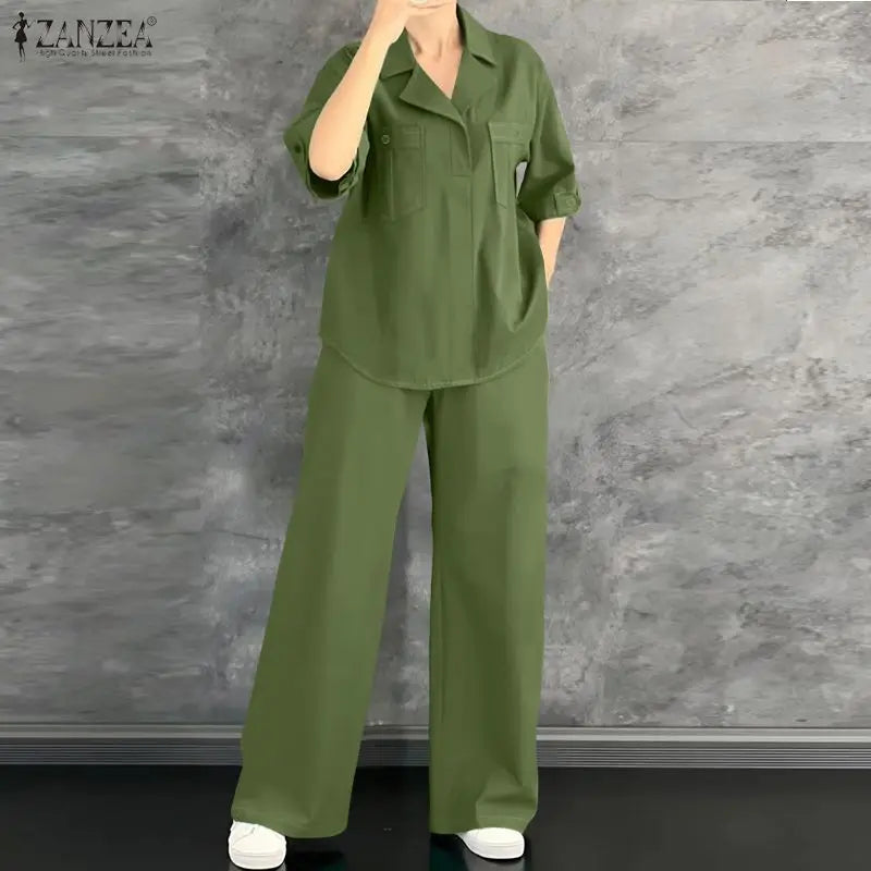 Loose Blouse And Wide Leg Pants Set
