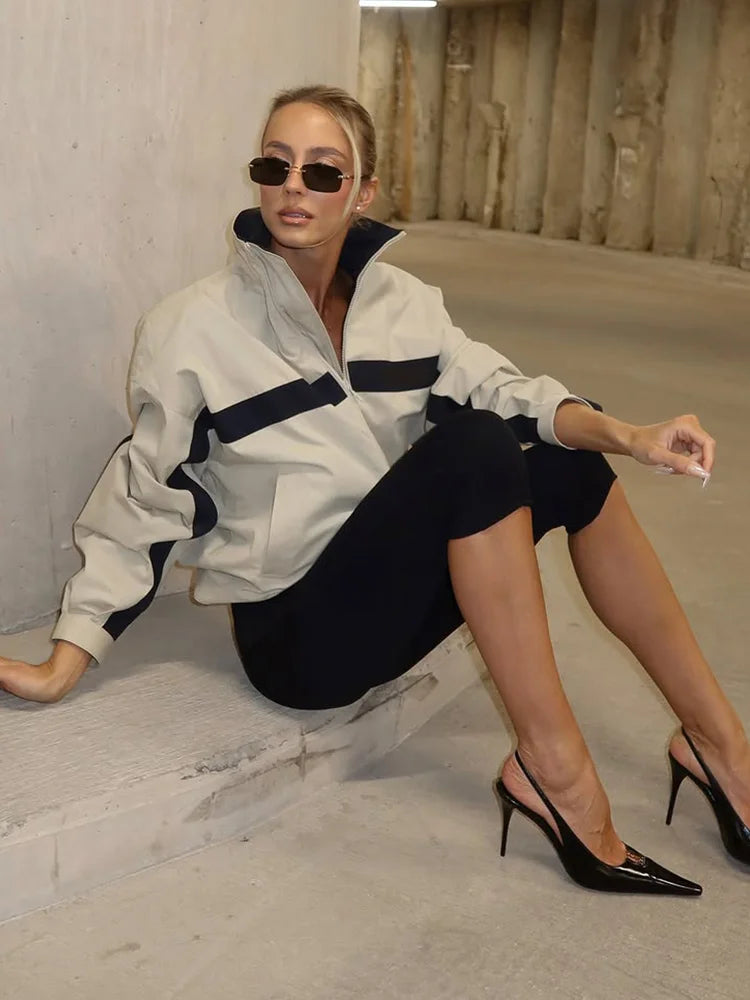 Color Block Zip Up Cropped Jacket With Stand Collar For Women
