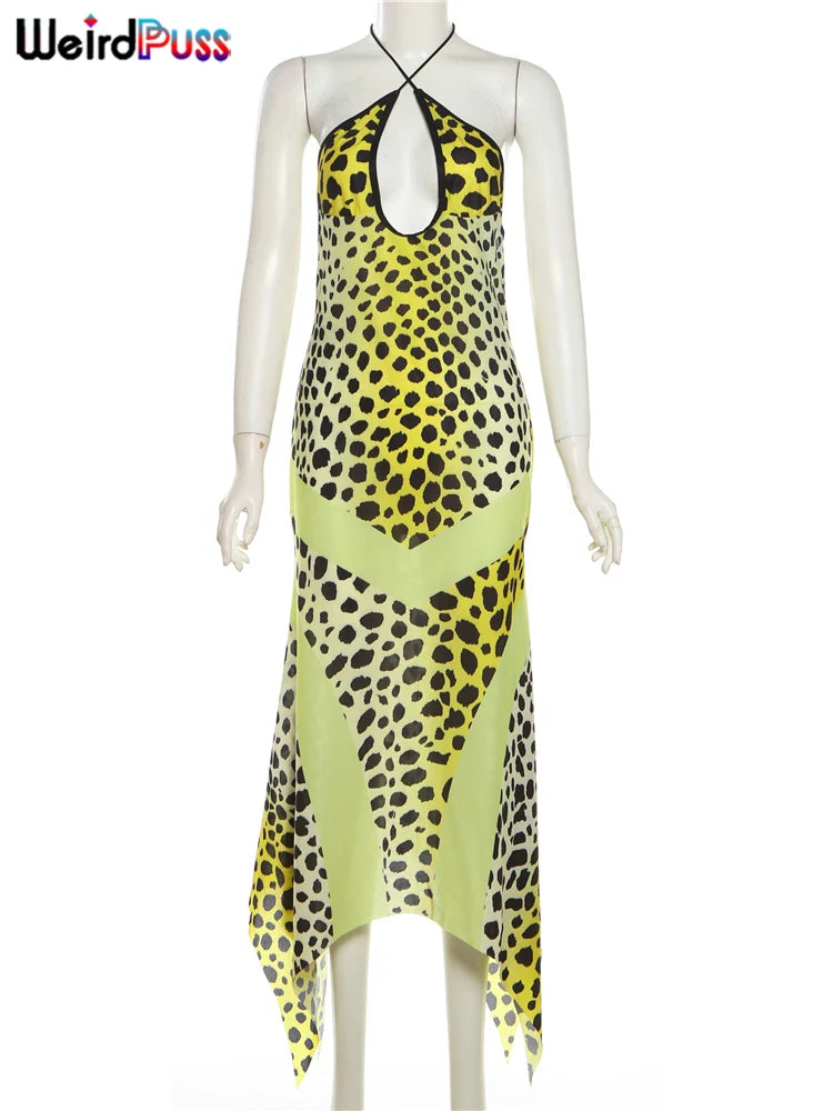 Leopard Print Halter Backless Chiffon Dress for Women