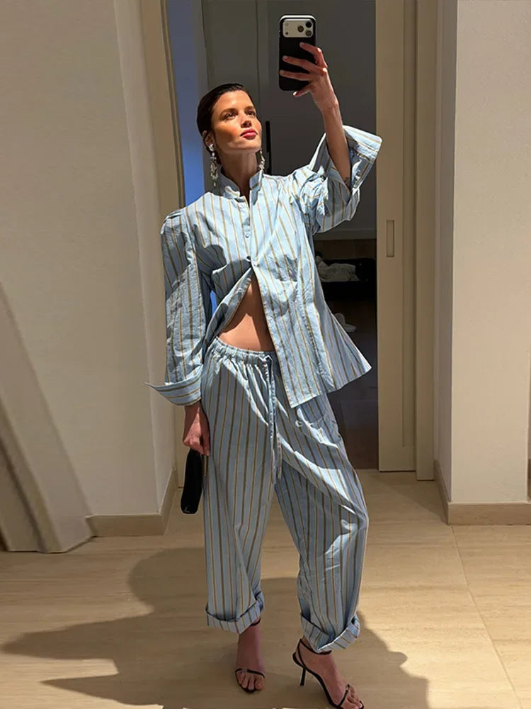 Blue Striped Puff Shoulder Shirt And Pants Set For Women