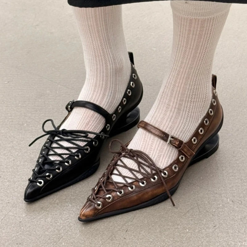 Retro Pointed Toe Lace-Up Rivet Detail Pumps for Women