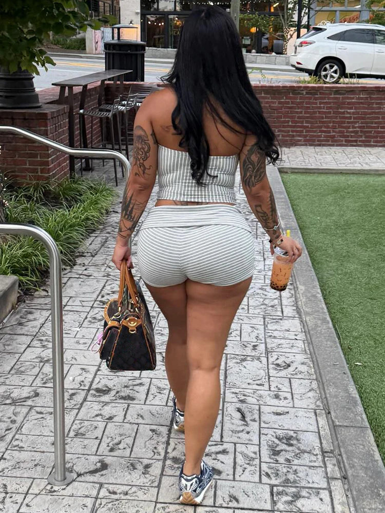 Ribbed Knit Tube Top and Fold Waist Shorts Set for Women