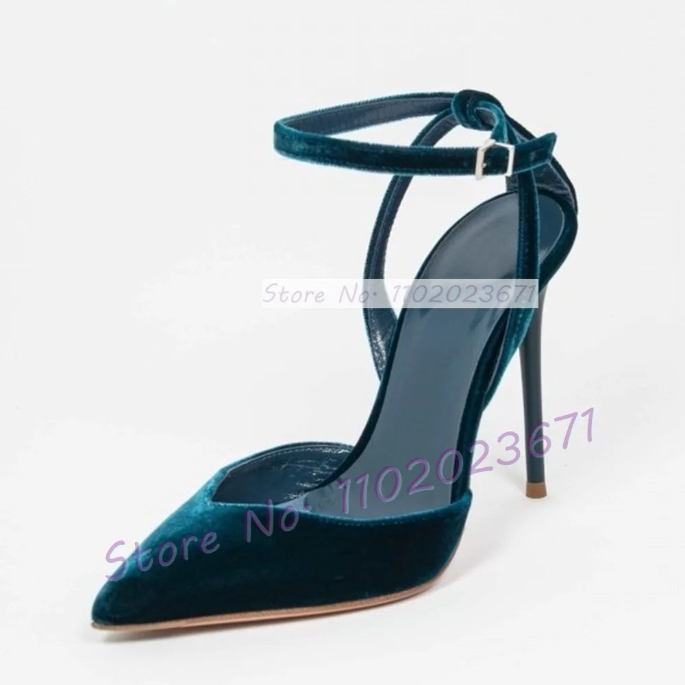 Blue Velvet Pointed Toe Stiletto Sandals with Buckle Ankle Strap for Women