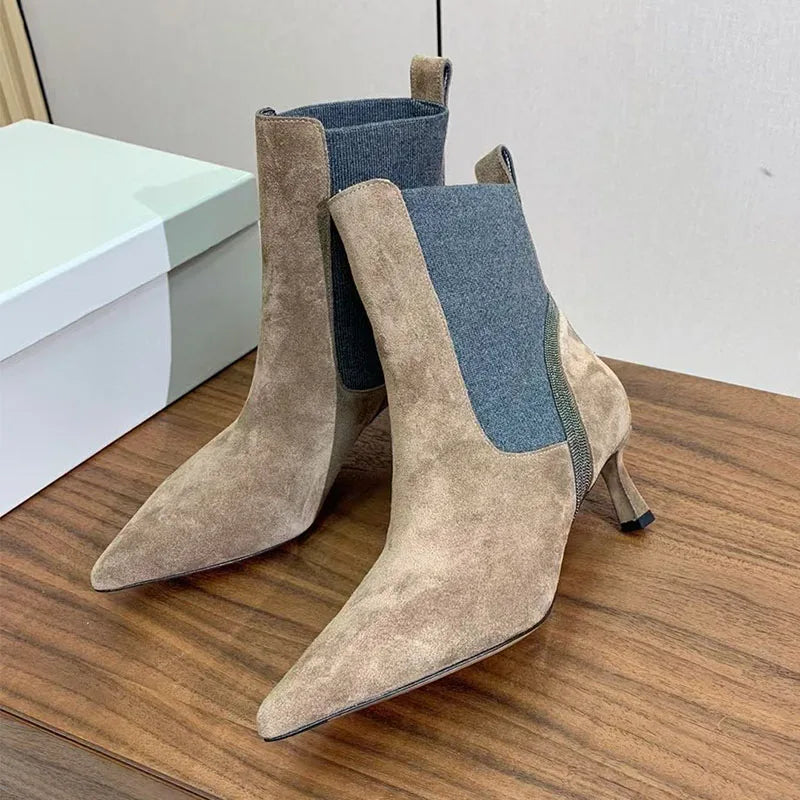 Pointed Toe Kitten Heel Suede Ankle Boots For Women