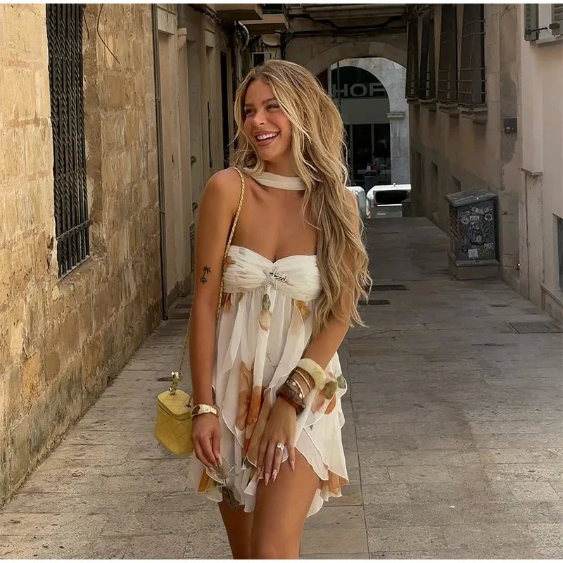 Sexy Ruffle Printed Backless Mini Dresses Lady Chic Sleeveless Off Shouder Pleated Short Vestido 2025 Summer Party Beach Robe