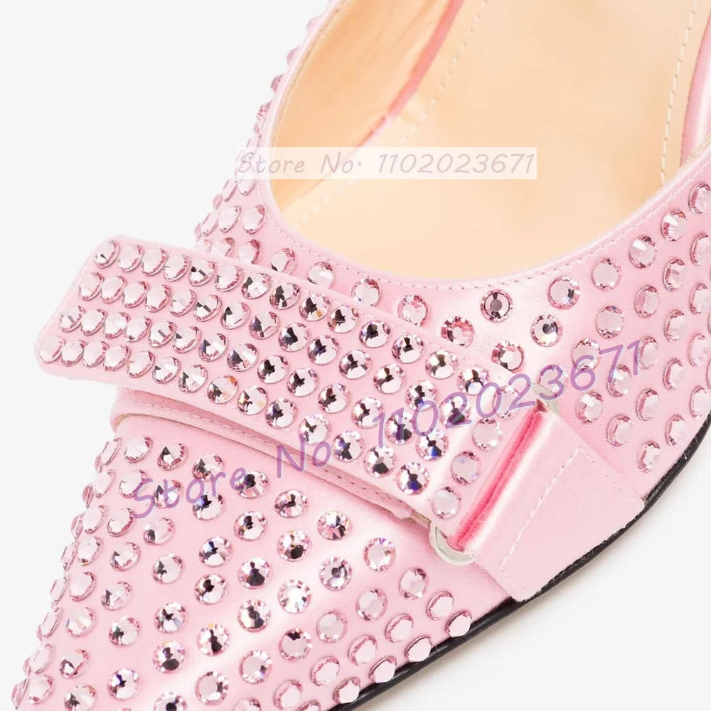 Full Rhinestones Satin Point Toe Slippers Women Sweet Solid Heels Knotted Slippers Elegant Shiny Crystal Custom Color Shoes