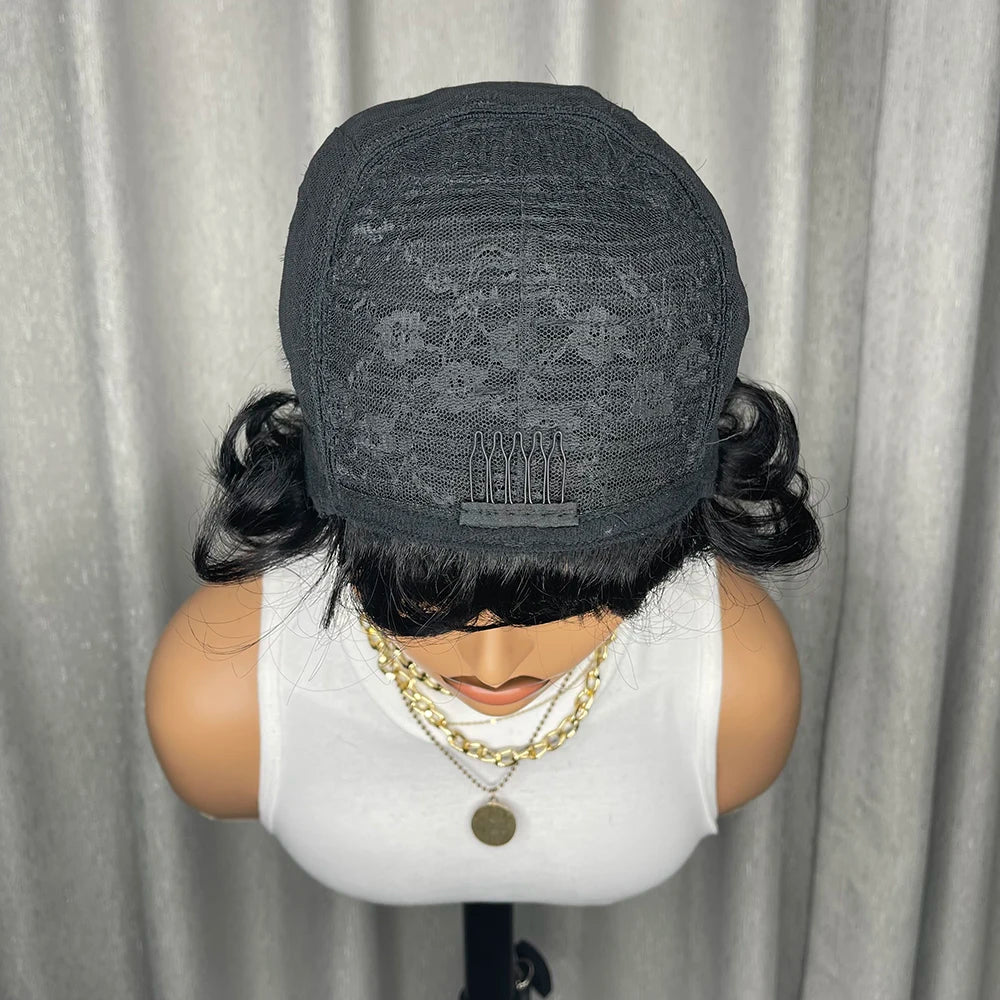 Pixie Cut Wig Brazilian Human Hair Wigs Short Curly Bob with Pre Plucked Bangs for Black Women Full Machine Made Water Wave Wig