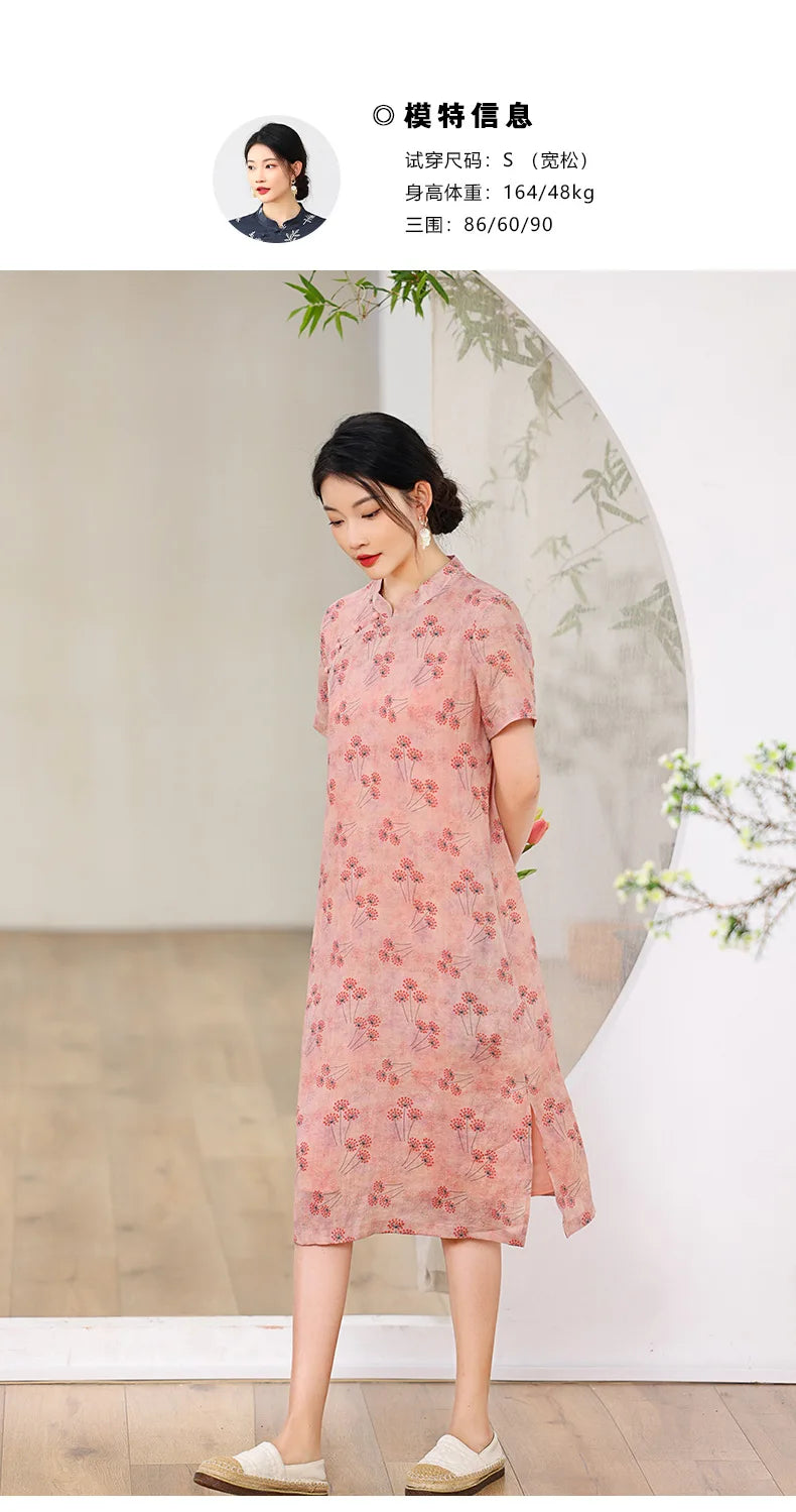 Elegant Floral Vintage Ramie Cheongsam Dress for Women