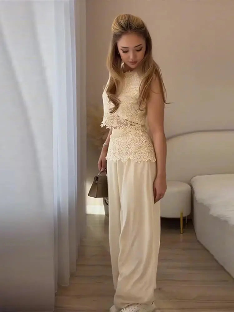 Elegant Crochet Vest And Wide Leg Pants Set for Women