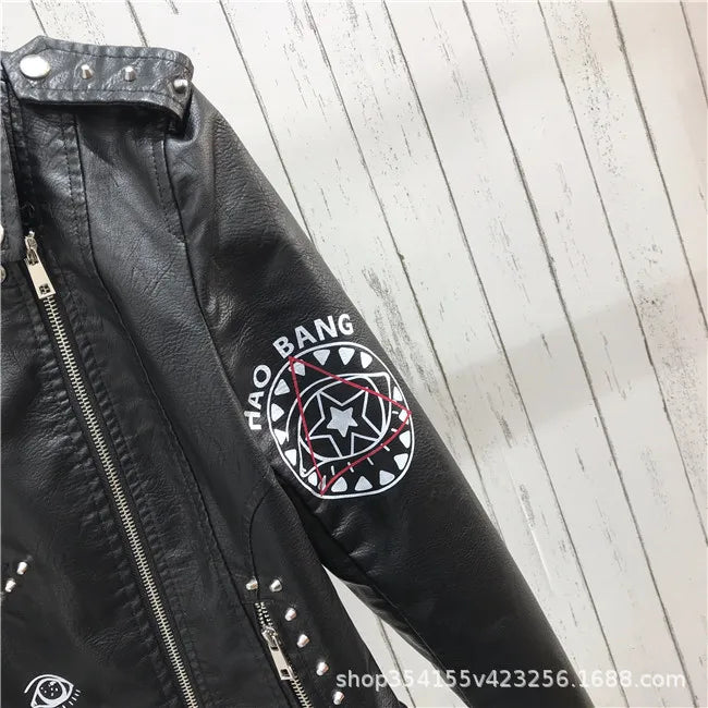 Rivet Zipper Faux Leather Motorcycle Jacket for Women