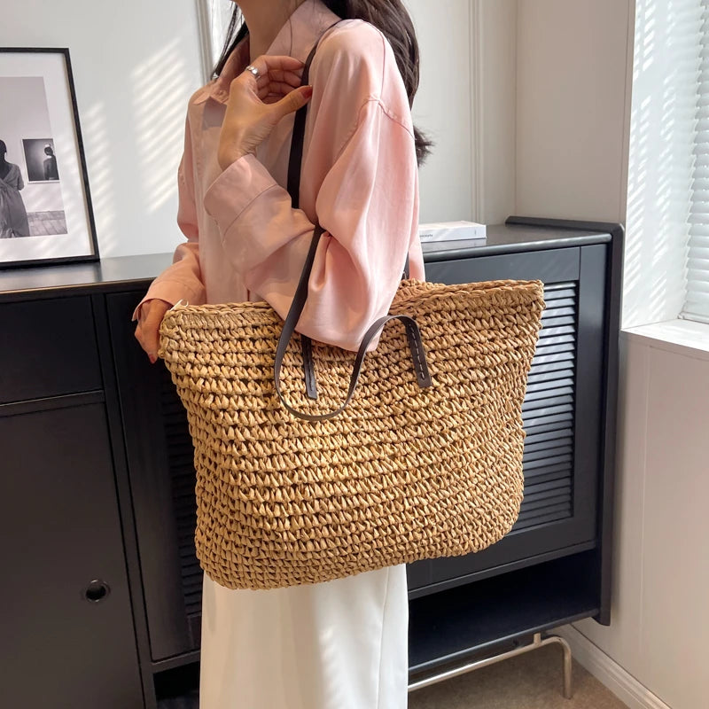 Large Capacity Straw Woven Shoulder Tote Bag for Women
