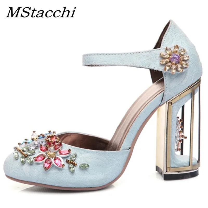 Handmade Rhinestone Embellished Crystal Flower Mary Janes for Women