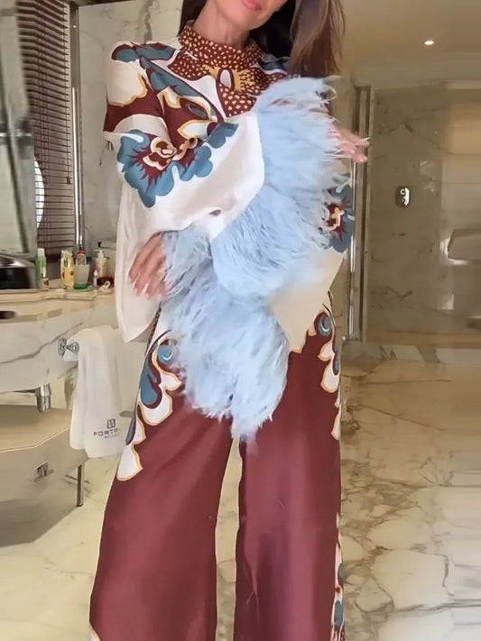 High Collar Feather Sleeves Suit