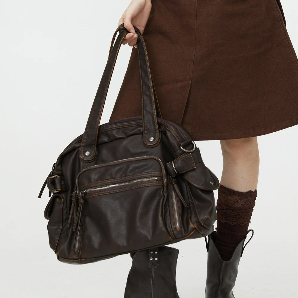 Y2K Punk Soft Faux Leather Multi Pocket Shoulder Bag for Women