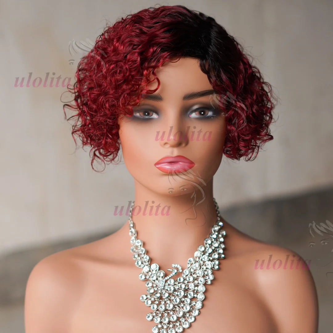 Ombre Pixie Cut Curly Bob Human Hair Wig for Women