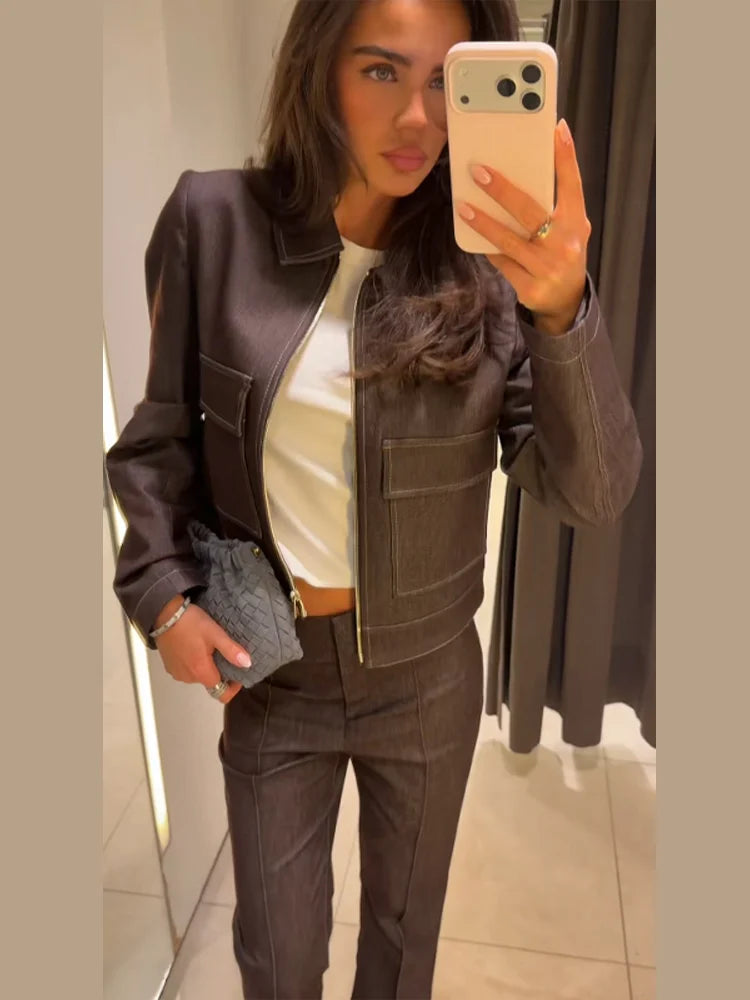 Vintage Turn Down Collar Denim Coat And Pants Set for Women