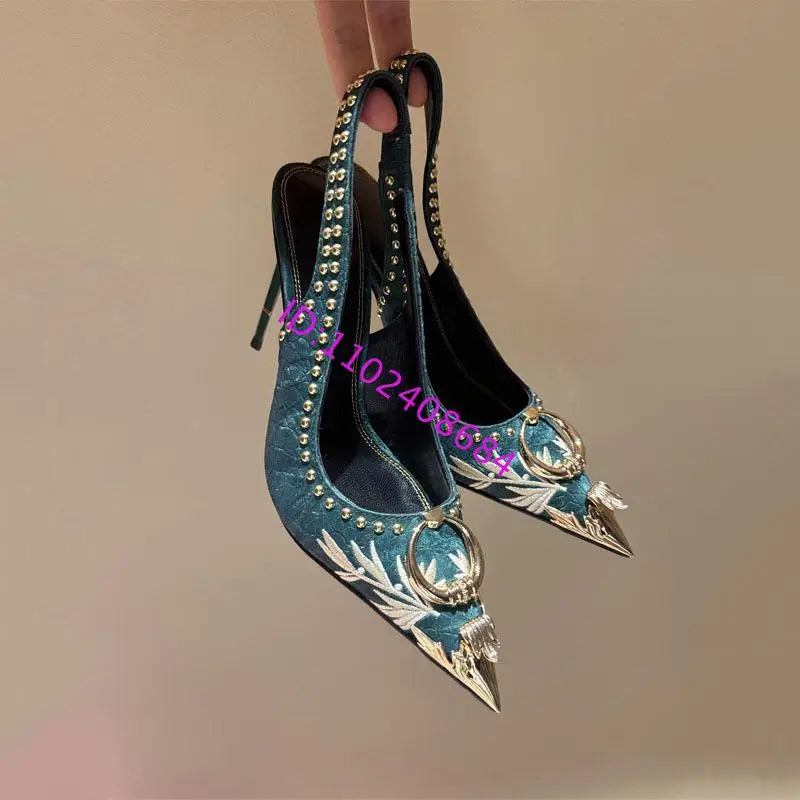 Design Women High Heel Metal Toe Embroidered High Heel Shoes Sexy Lady High Heel Gold Pointed Metal Toe Slingback Stilettos