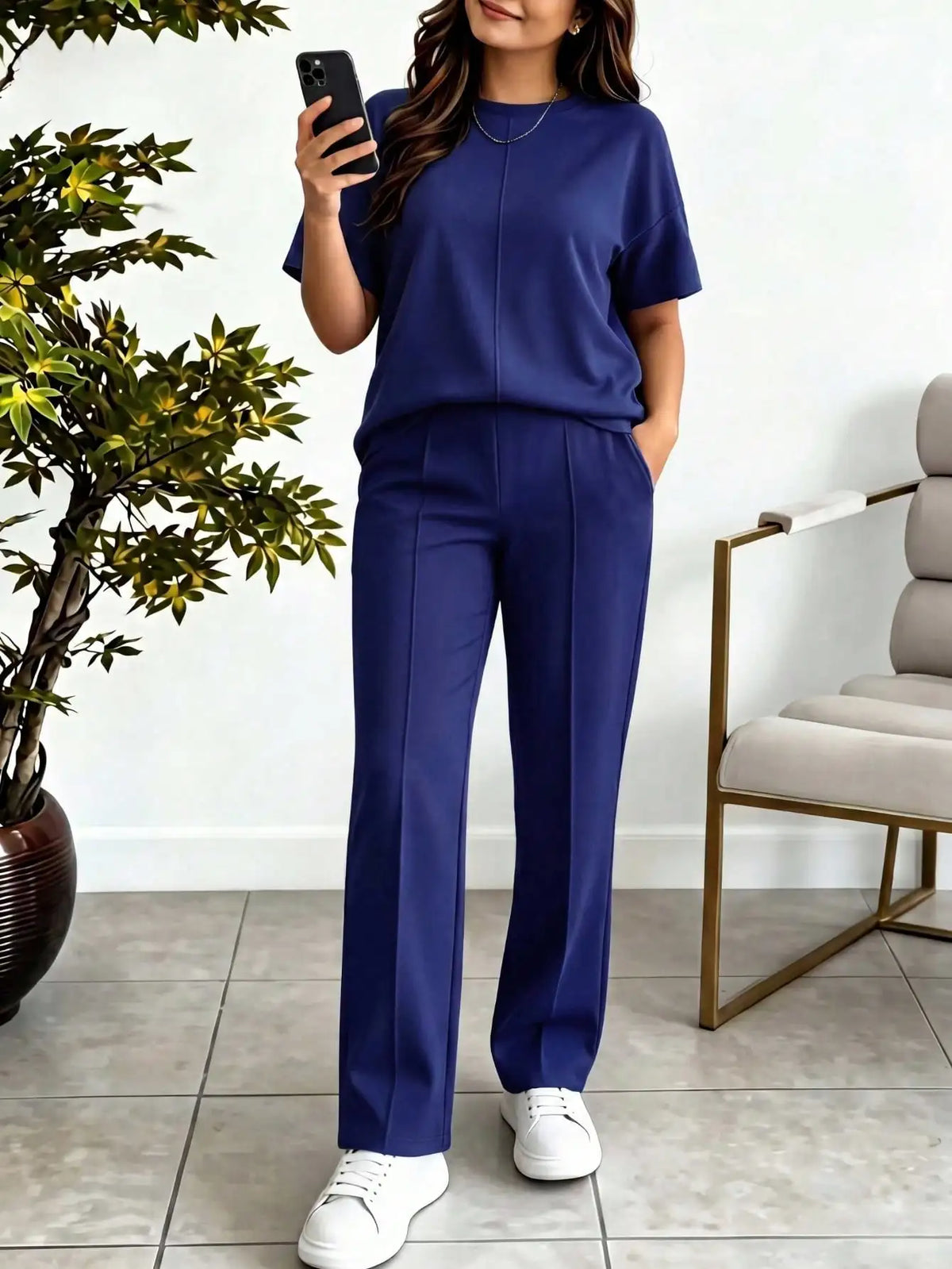 New Spring and Summer Ladies' Set: Comfortable Solid-Color Short-Sleeve Top with Elastic Waist Pocketed Long Pants Two-Piece Set, Soft Stretch Polyester-Acrylic Fabric