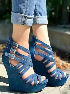 Black Matte Leather Buckle Strap Platform Wedge Sandals for Women
