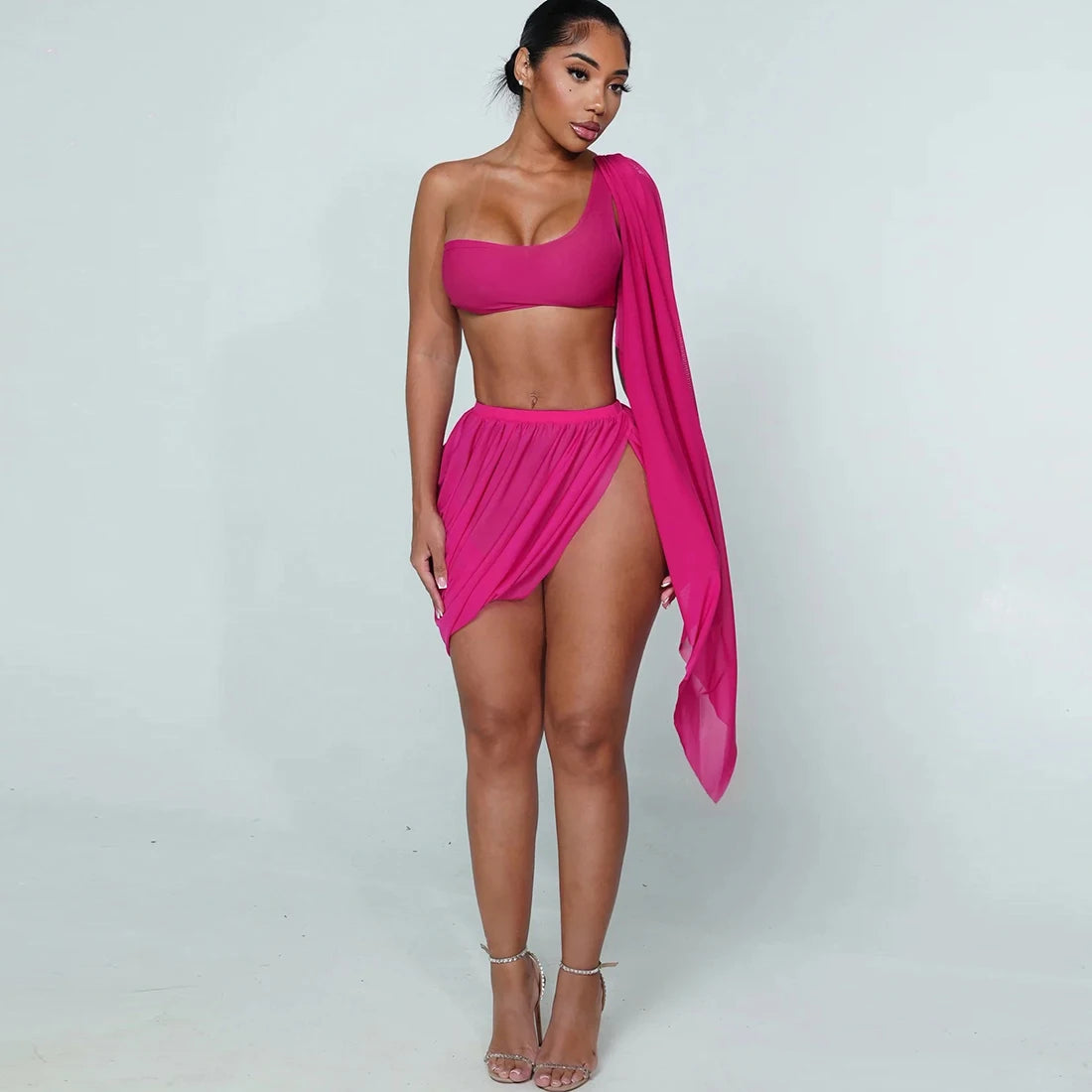 Sheer Long Sleeve Crop Top and Ruched Split Skirt Set for Women