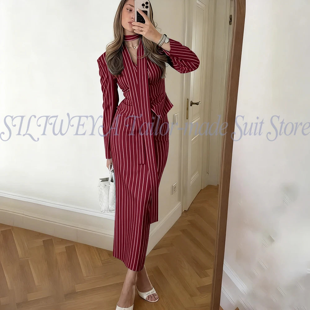 Single Breasted Blue Striped Blazer Skirt Set for Women