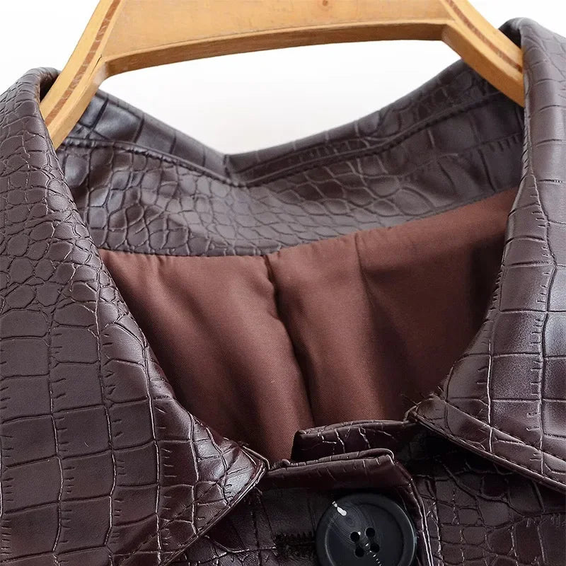 PU Leather Turn-Down Collar Jacket and Pants Set for Women