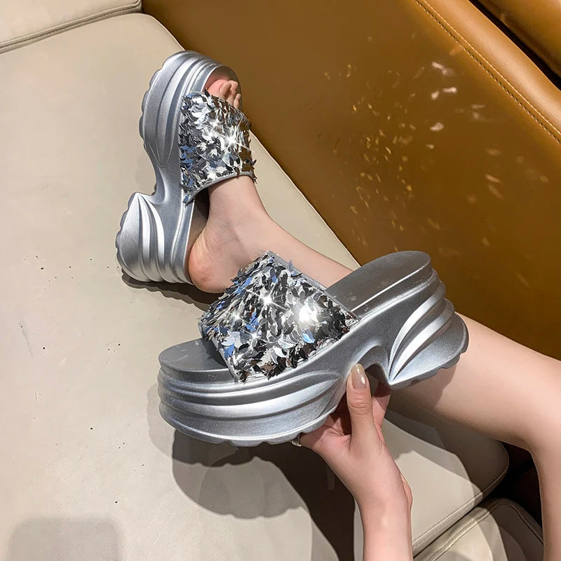 Metallic Sequined Platform Wedge Sandals for Women