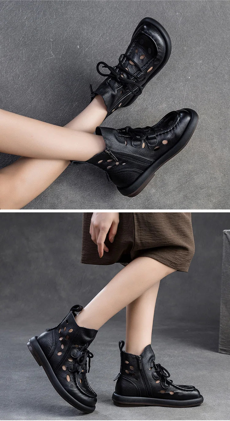 Breathable Hollow-Out Genuine Leather Ankle Boots for Women