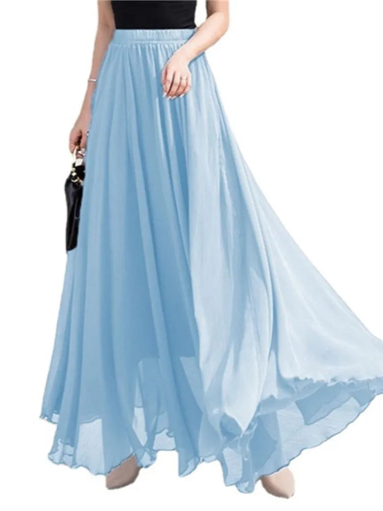 Elegant Solid Color Chiffon A-Line Skirt with High Waist for Women