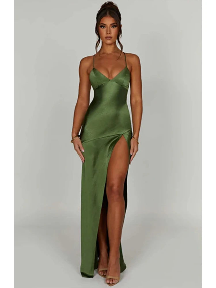 Elegant Backless Satin Maxi Dress With Lace Up For Women