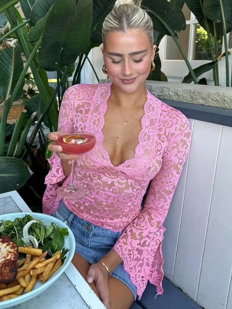 Aesthetic Lace Top Women Sexy Clothing See Through Deep V Neck Flared Long Sleeve T Shirts Party Clothes Clubwear