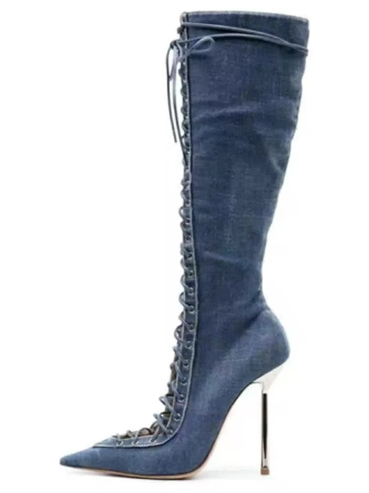 Lace Up Knee High Heeled Boots With Side Zipper for Women