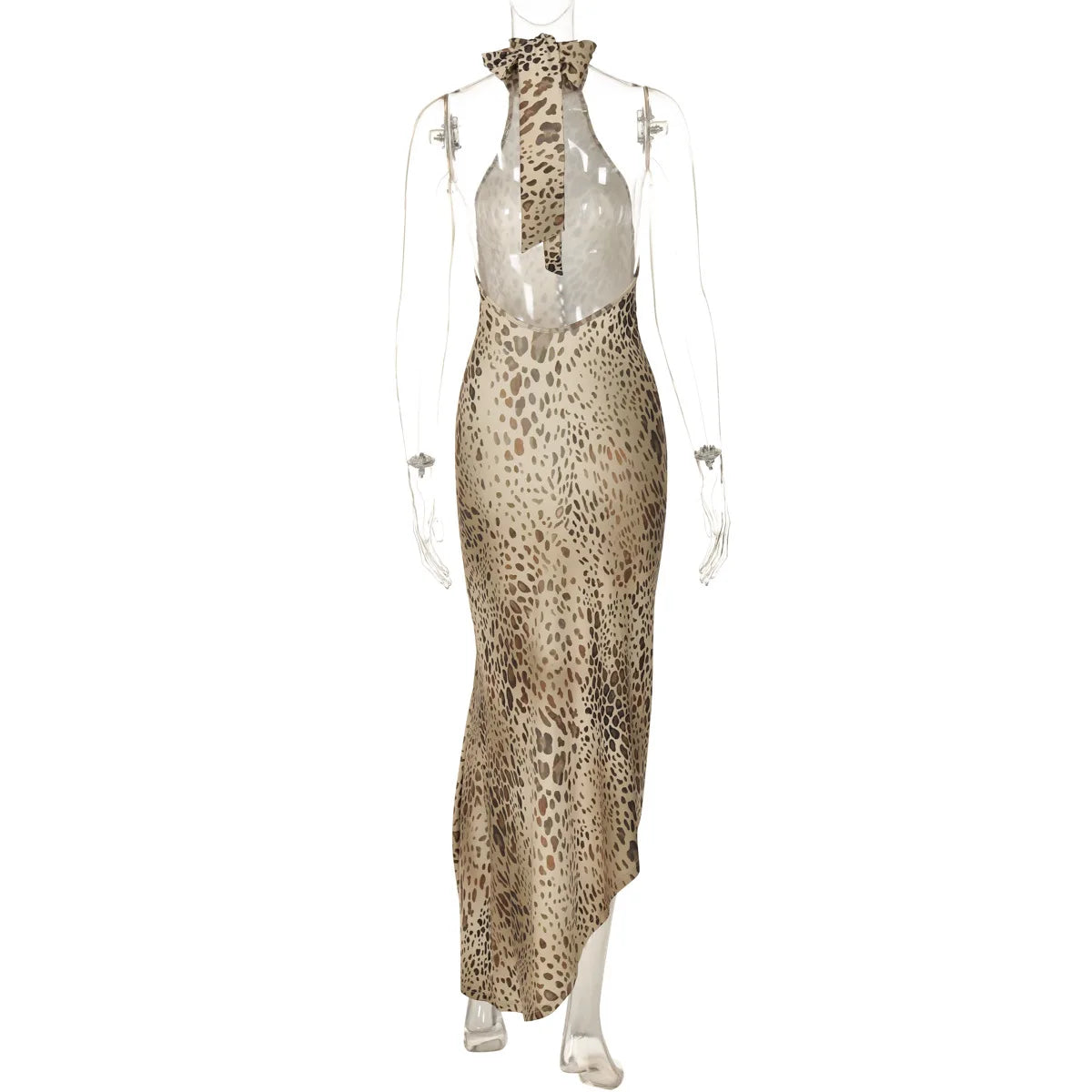 Halter Neck Leopard Print Backless Maxi Dress for Women