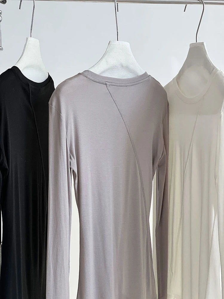 [EAM] Women Gray Thin Perspective Slim Irregular T-shirt New Round Neck Long Sleeve Fashion Tide Spring Autumn 2025 1DH9981