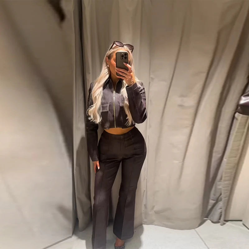 Vintage Turn Down Collar Denim Coat And Pants Set for Women