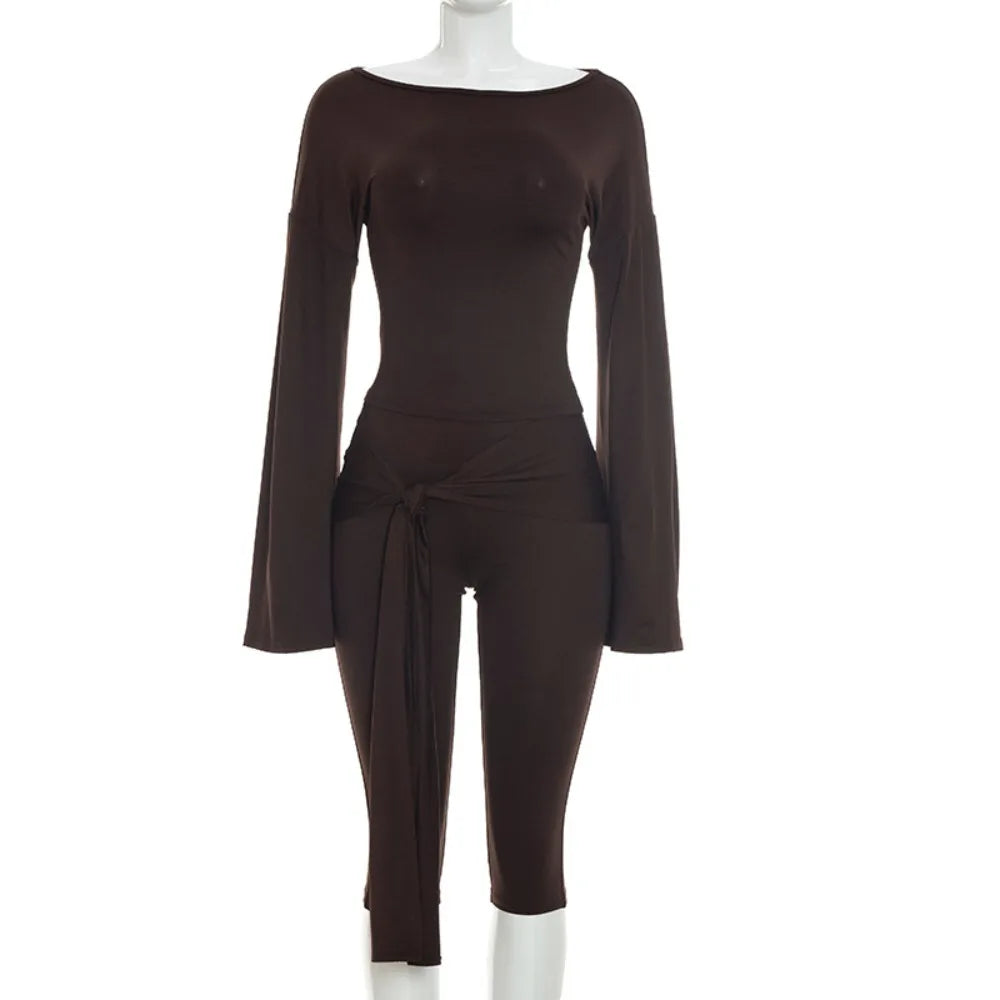 Slash Neck Two Piece Crop Top And Capri Pants Set for Women
