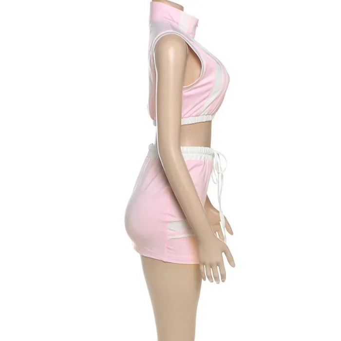 Two Piece Set Women Streetwear 2025 Summer Y2K Sexy Hot Girl Short Zipper Top & Fashion Casual Slimming Wrap Hip Mini Skirt Suit