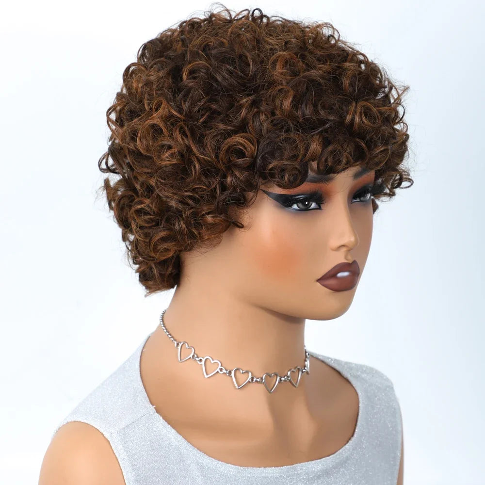 Short Kinky Curly Pixie Bob Human Hair Wig for Women