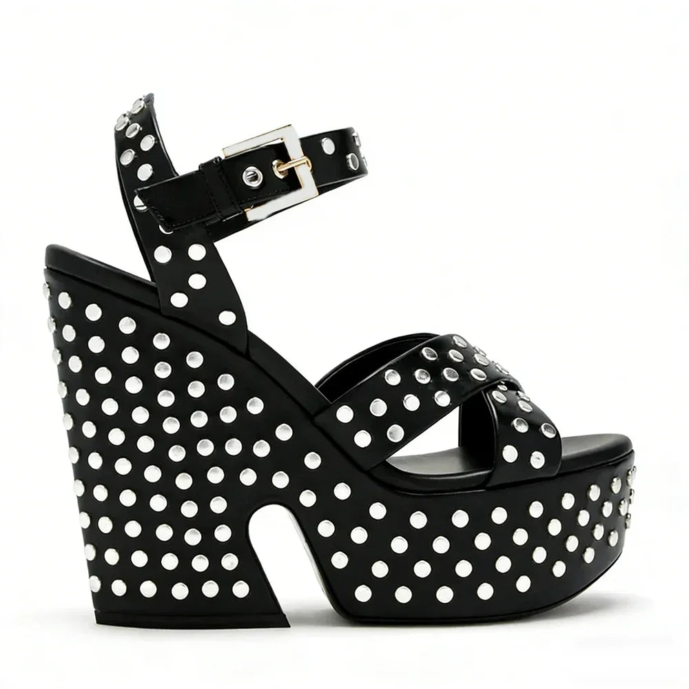 Gold Rivet High Heel Platform Leather Sandals for Women