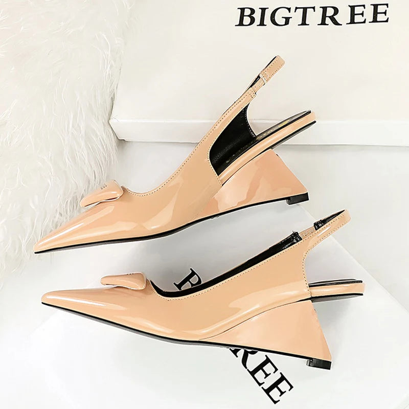 Patent Leather Wedge Heel Pumps With Back Strap for Women