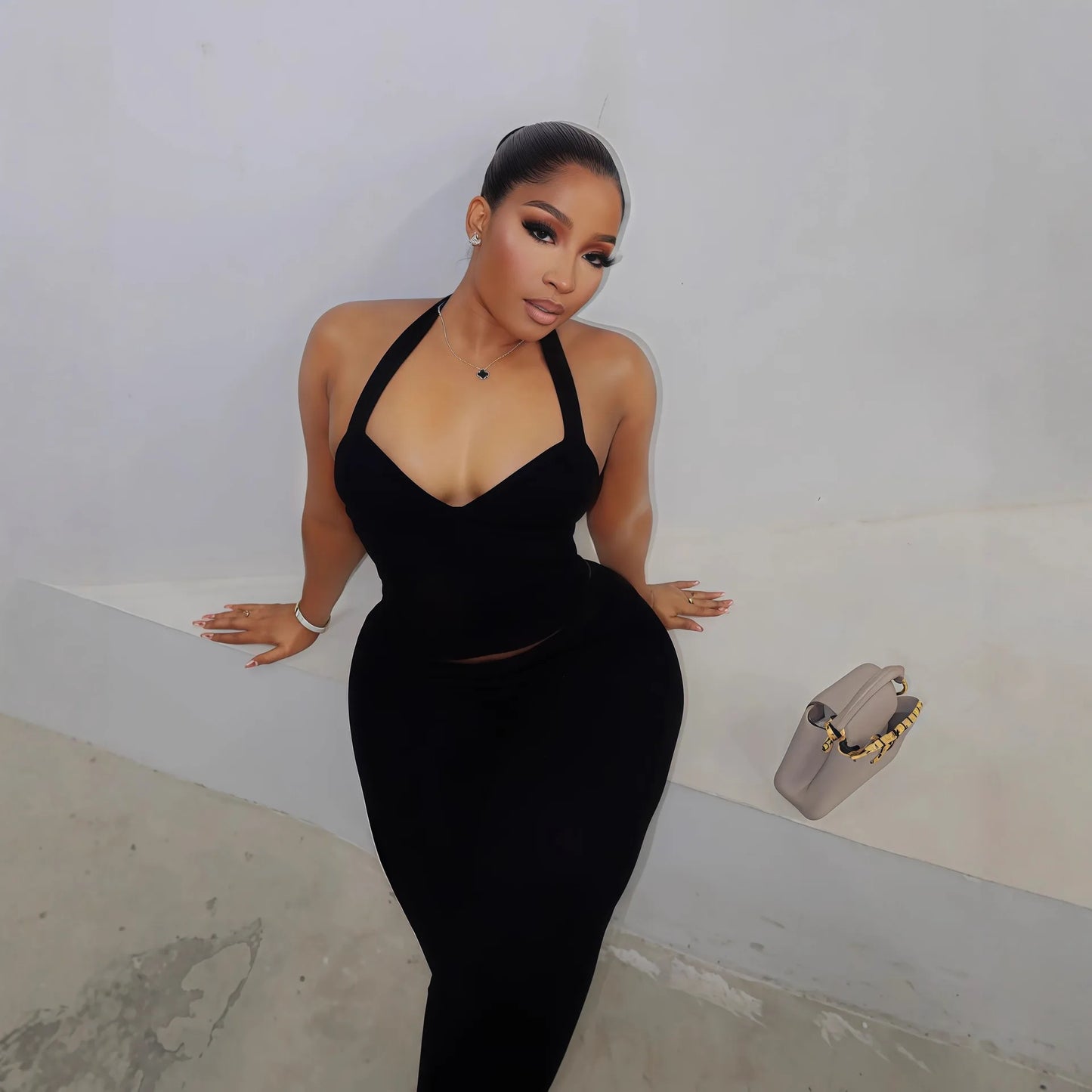 Solid Color Halter Neck Crop Top Two Piece Set for Women