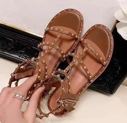 Retro Brown Rivet Studded Open Toe Slingback Sandals for Women