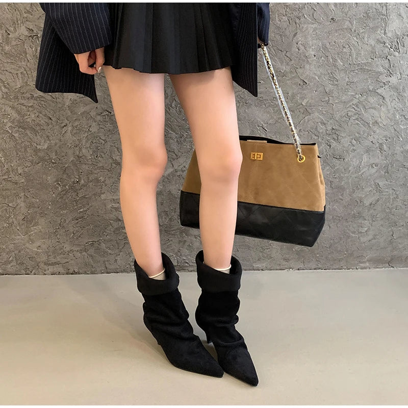Women's Frosted Low-heeled Boots Fashion Retro Brand Short Boots Pointed Stiletto Boots Pleated Ankle Boot Folded Hem Short Boot