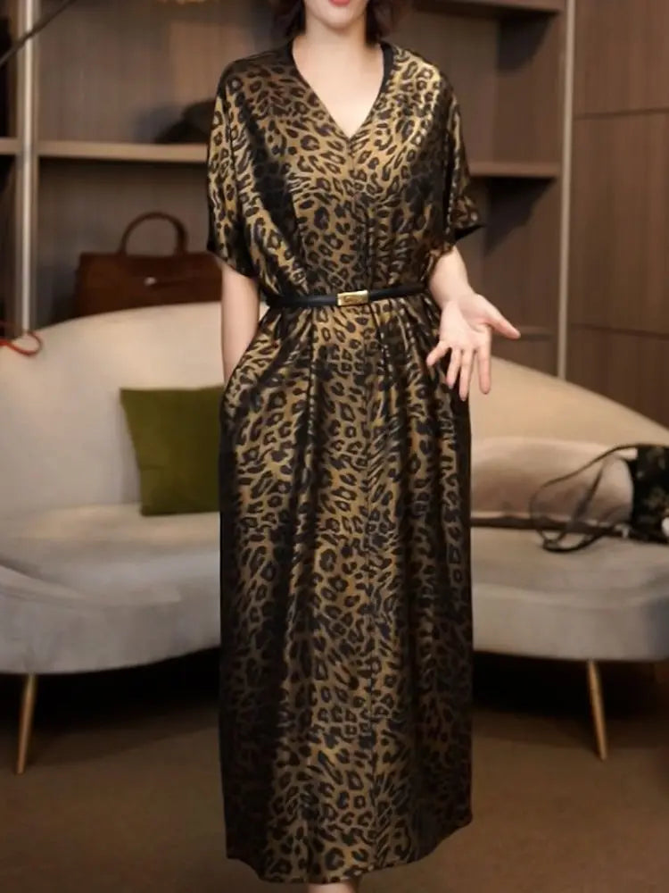 Lightweight Leopard Print V Neck Midi Dress For Women