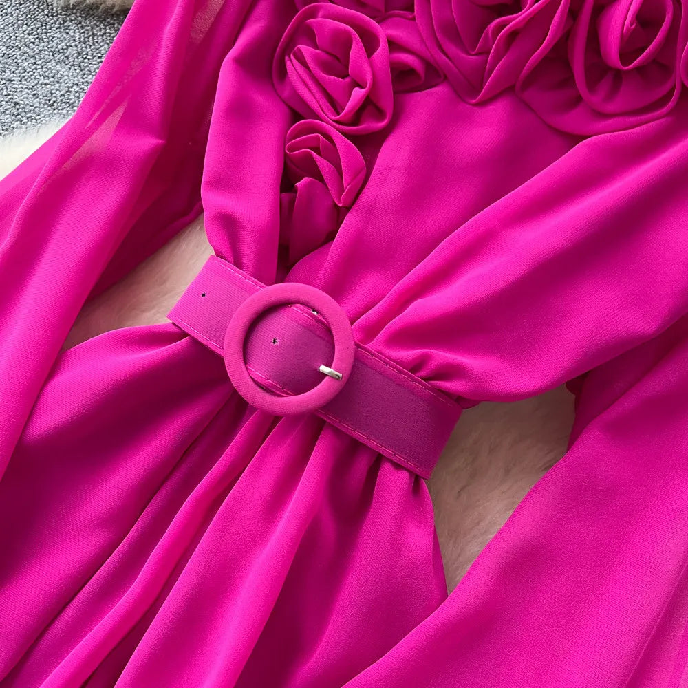Floral Lace V Neck Long Sleeve A Line Midi Dress for Women