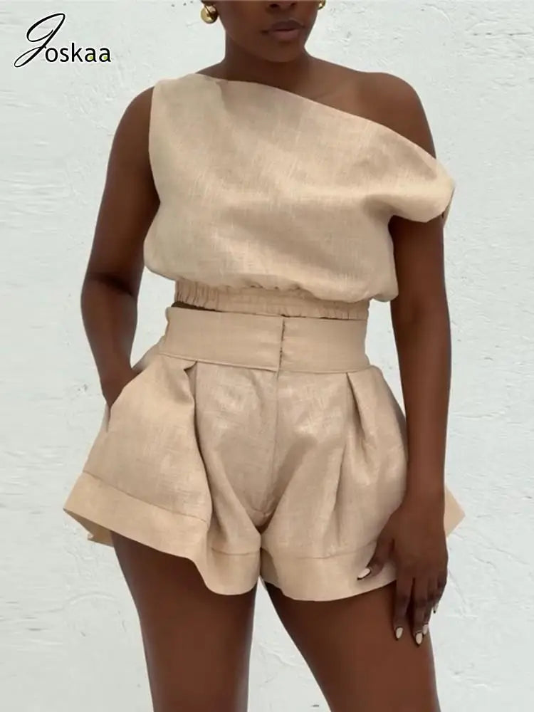 Joskaa Casual 2 Piece Sets Women Off Shoulder Sleeveless Shirt Tops and High Waist Wide Leg Shorts Matching 2025 Streetwear