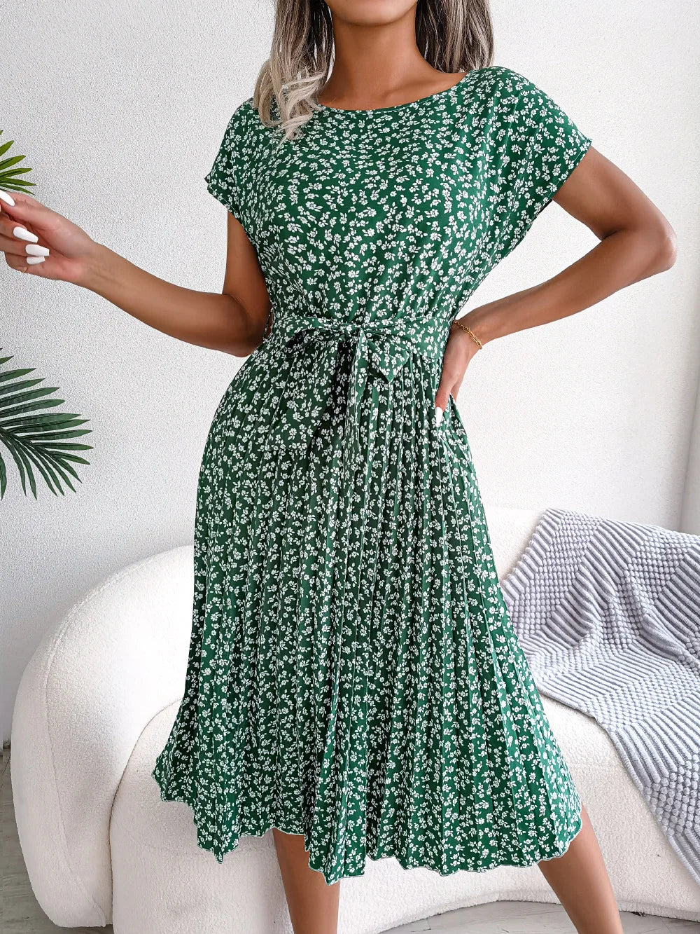Chic Casual Pleated Short Sleeve Midi Dress for Women