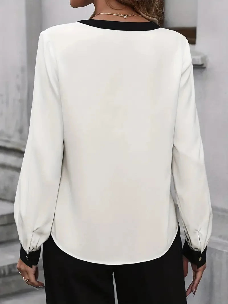 New Fashion White V-neckBlouse Women Blouses Turn Down Collar Office Blouse For Women Long Sleeve Chiffon Blouse
