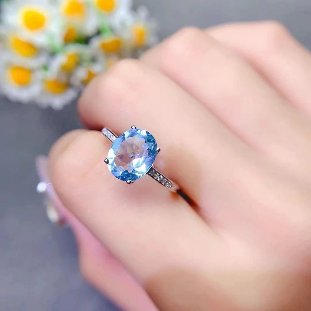 Handmade Silver Topaz Ring 10mm * 12mm 5ct Light Blue Topaz Ring 18K Gold Plated Crystal Jewelry