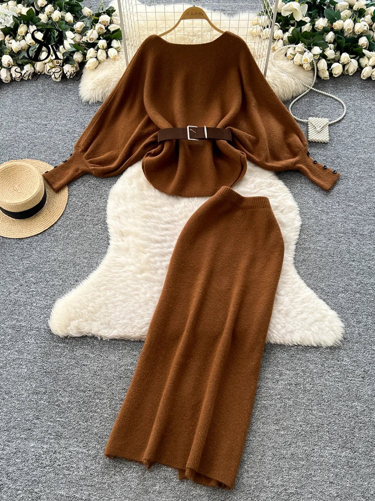 Batwing Sleeve Knit Top and High Waist Skirt Set for Women